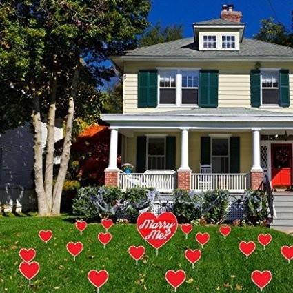 Marry Me Red Heart Yard Decoration - 18 Flat Plain Hearts & 1 Flat Larger Heart with "Marry Me?" Printed on It 2 EZ stakes and 18 short stakes
