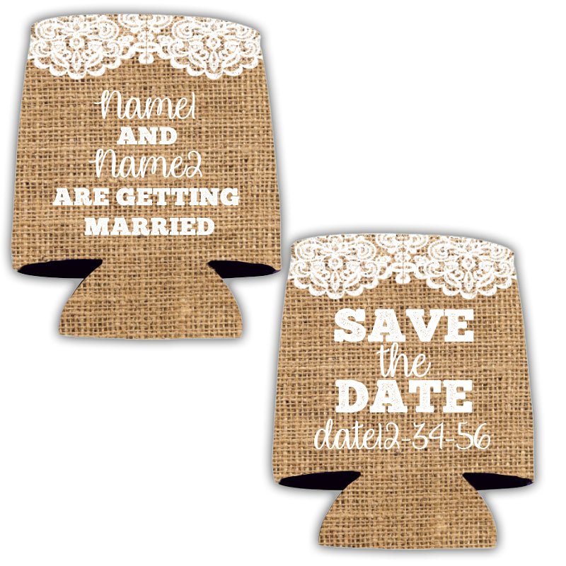 Rustic Themed Save the Date Custom Wedding Can Cooler