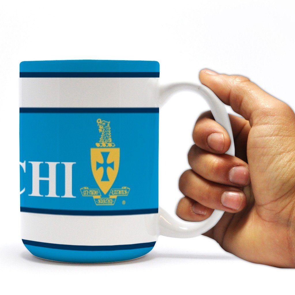 Sigma Chi 15oz Coffee Mug “ Yellow Crest with Three Blue Stripes