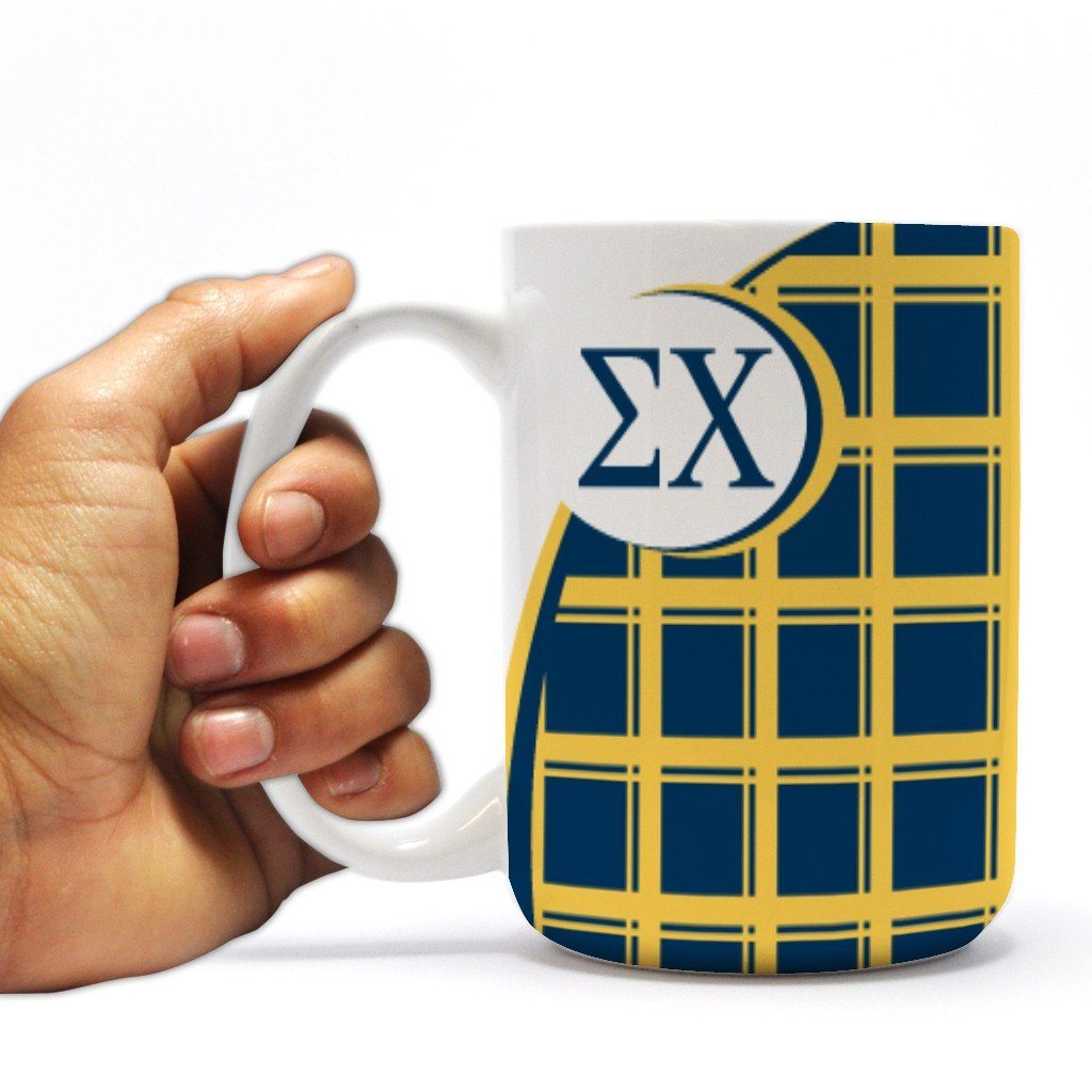 Sigma Chi 15oz Coffee Mug “ Yellow and Navy Blue Plaid