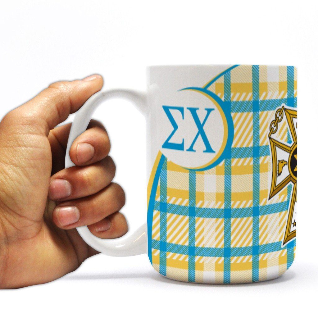 Sigma Chi 15oz Coffee Mug “ Badge with Plaid Background Design