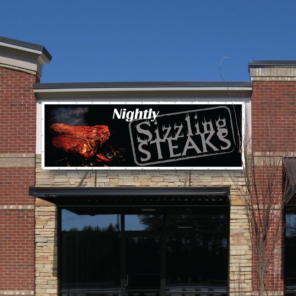 Sizzling Steaks Nightly Vinyl Banner with Grommets