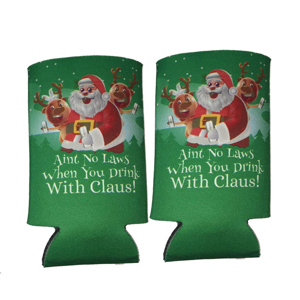 Slim Christmas Can Coolers "Ain't No Laws When You Drink With Claus" | Set of 6