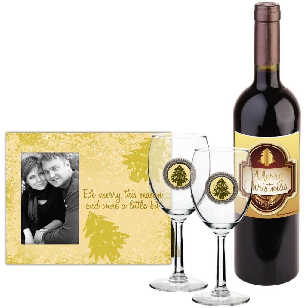 Christmas Wine Gift Set - 4 pieces - Photo frame, 2 Wine Glasses, and