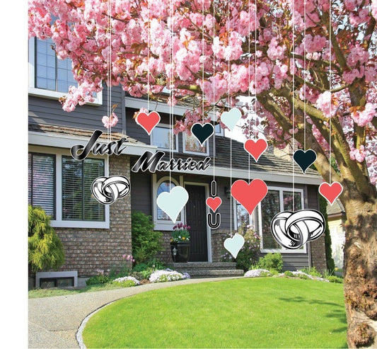 Just Married Wedding Lawn Decorations - Hanging - Hearts Just Married - FREE SHIPPING